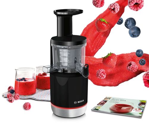 Сокоизстисквачка, Bosch MESM731M, Slow juicer VitaExtract 150 W, 55 rpm, 1 speed + reverse function, tritan screw, MixControl lever, juice container 1 l, pulp container 1,3l, 3 filters (fine, coarse and sorbet), black / brushed s/s - image 2