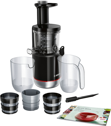 Сокоизстисквачка, Bosch MESM731M, Slow juicer VitaExtract 150 W, 55 rpm, 1 speed + reverse function, tritan screw, MixControl lever, juice container 1 l, pulp container 1,3l, 3 filters (fine, coarse and sorbet), black / brushed s/s