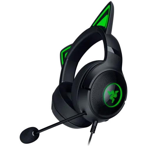 Kraken Kitty V2 - Black, Gaming headset, Kitty Ears, Stream Reactive Lighting, HyperClear Cardioid Mic, 40 mm TriForce Drivers, Built into the earcups microphone, Razer Chroma RGB (Ear and Earcups), Surround sound: Only available on Windows 10 64-bit