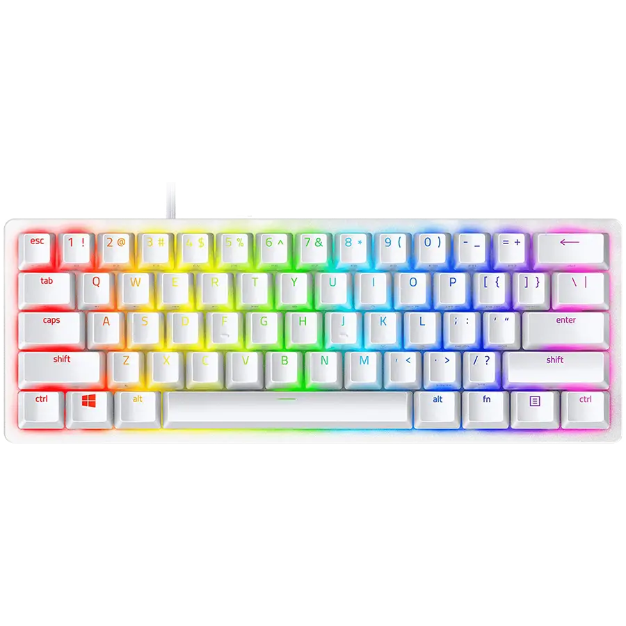 Razer Huntsman Mini White, Linear Optical Switch, size 60%, RGB Chroma, Doubleshot PBT Keycaps, Standard Bottom Row Layout, Fully programmable keys with on-the-fly macro recording, 1000 Hz Ultrapolling, Aluminum construction