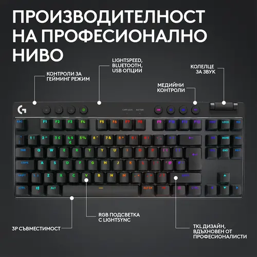 Tastatură, Logitech G PRO X TKL LIGHTSPEED Gaming Keyboard - NEGRU - US INT'L - 2.4GHZ/BT - N/A - EMEA28-935 - TACTILE - 2