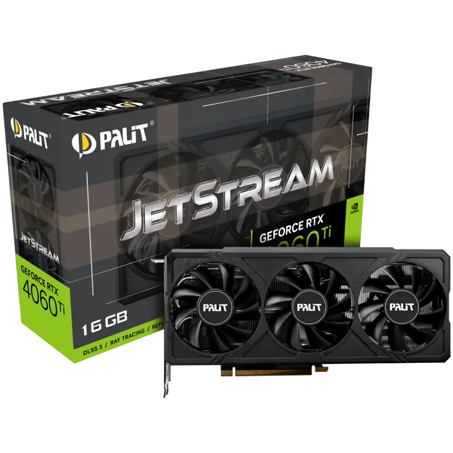 Palit RTX 4060Ti JetStream 16GB GDDR6, 128 bits, 1x HDMI 2.1a, 3x DP 1.4a, 3-fan, 1x 8-pin Power connector, recommended PSU 650W, NE6406T019T1-1061J