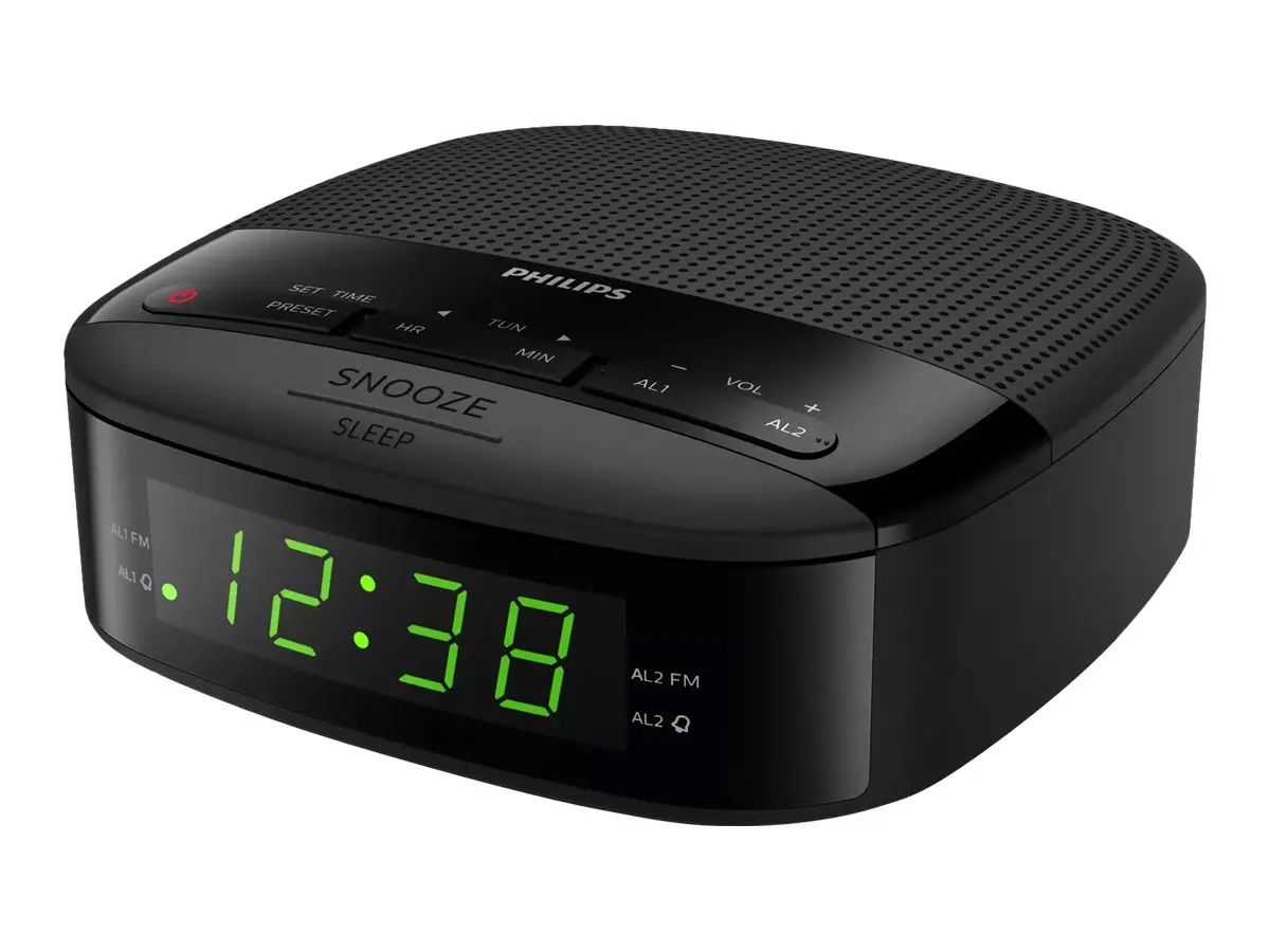 PHILIPS ραδιόφωνο με ρολόι και ξυπνητήρι, διπλό ξυπνητήρι, εφεδρική μπαταρία σε περίπτωση διακοπής ρεύματος, μαύρο