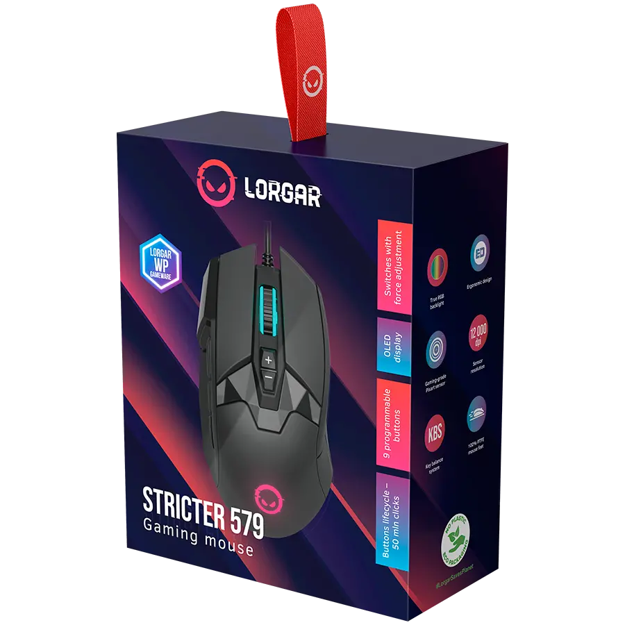 LORGAR Stricter 579, gaming mouse, 9 programmable buttons, Pixart PMW3336 sensor, DPI up to 12 000, 50 million clicks buttons lifespan, 2 switches, built-in display, 1.8m USB soft silicone cable, Matt UV coating with glossy parts and RGB lights with 4 LED flowing modes, size: 131*72*41mm, 0.127kg, black - image 7