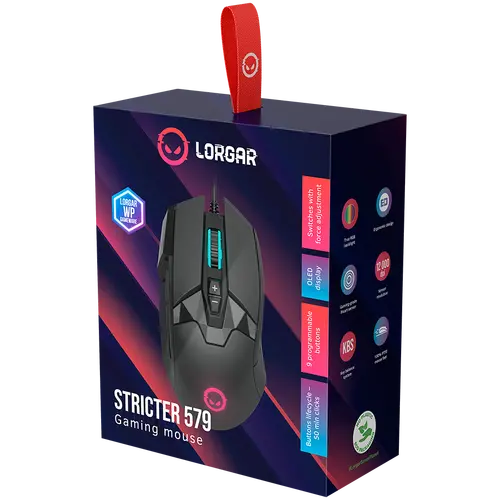LORGAR Stricter 579, gaming mouse, 9 programmable buttons, Pixart PMW3336 sensor, DPI up to 12 000, 50 million clicks buttons lifespan, 2 switches, built-in display, 1.8m USB soft silicone cable, Matt UV coating with glossy parts and RGB lights with 4 LED flowing modes, size: 131*72*41mm, 0.127kg, black - image 7