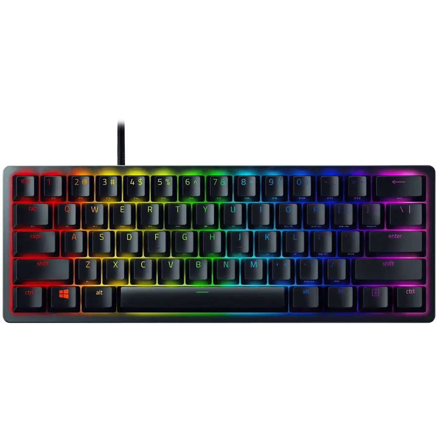 Razer Huntsman Mini - Clicky Optical (Purple Switch) - US - Black, Gaming Keyboard, Razer™ Optical Switches, size 60%, RGB Chroma, Doubleshot PBT Keycaps With Side-Printed Secondary Functions, Standard Bottom Row Layout, Fully programmable keys with on-the-fly macro recording, 1000 Hz Ultrapolling, Aluminum construction