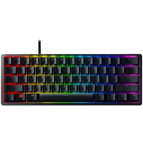 Razer Huntsman Mini - Clicky Optical (Purple Switch) - US - Black, Gaming Keyboard, Razer™ Optical Switches, size 60%, RGB Chroma, Doubleshot PBT Keycaps With Side-Printed Secondary Functions, Standard Bottom Row Layout, Fully programmable keys with on-the-fly macro recording, 1000 Hz Ultrapolling, Aluminum construction
