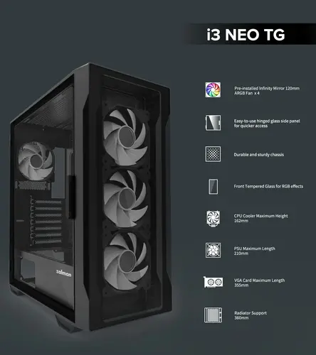 Zalman кутия Case ATX - I3 NEO TG Black - aRGB, Tempered Glass - image 6