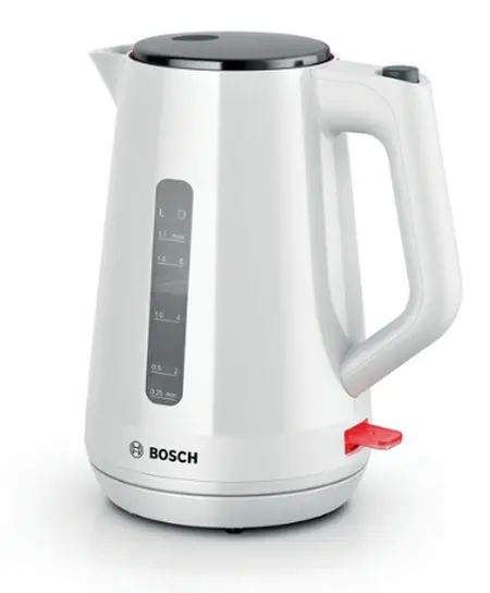 Fierbător electric, Bosch TWK1M121, MyMoment Plastic Kettle, 2400 W, 1.7 l, Indicator pentru căni, Filtru anticalcar, Funcție de siguranță triplă, Alb