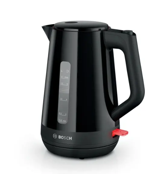 Ηλεκτρικός βραστήρας, Bosch TWK1M123, MyMoment Plastic Kettle, 2400 W, 1.7 l, Ένδειξη φλιτζανιών, Φίλτρο αλάτων, Τριπλή λειτουργία ασφαλείας, Μαύρο