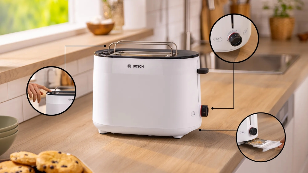 Тостер, Bosch TAT2M121, MyMoment Compact toaster, 950 W, Auto power off, Defrost and reheat setting, Integrated warming grid, High lift, White - image 1