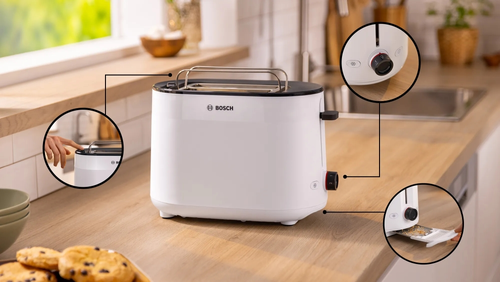 Тостер, Bosch TAT2M121, MyMoment Compact toaster, 950 W, Auto power off, Defrost and reheat setting, Integrated warming grid, High lift, White - image 1