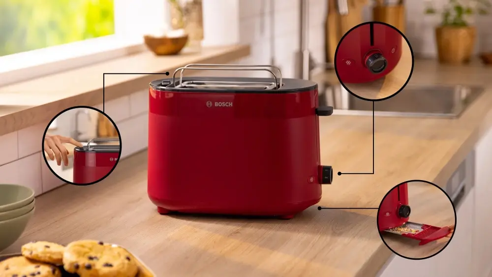 Тостер, Bosch TAT2M124, MyMoment Compact toaster, 950 W, Auto power off, Defrost and reheat setting, Integrated warming grid, High lift, Red - image 2