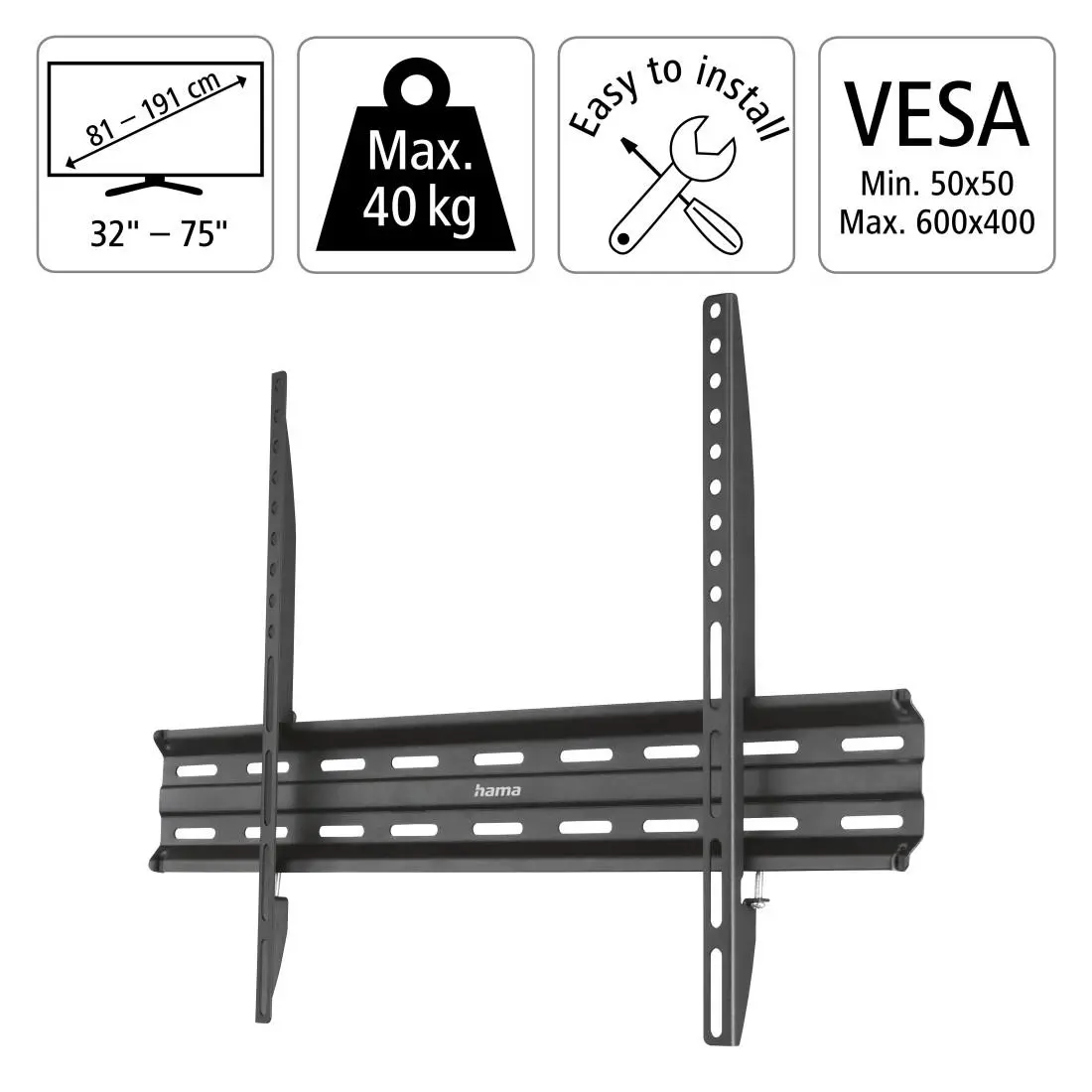 Επιτοίχια βάση TV, FIX, μαύρη, 600x400, 190 cm (75"), 220813 - image 2