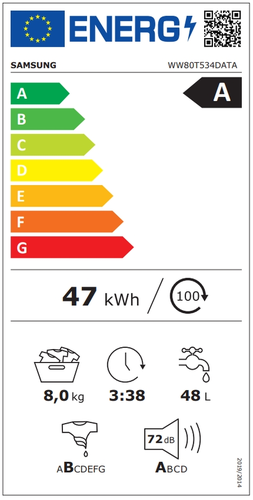 Пералня, Samsung WW80T534DATAS7, Washing Machine, 8 kg, 1400 rpm,  Digital inverter motor, Energy Efficiency A, Spin Efficiency B, AI Control, Auto dispense, Eco Bubble, Bubble Soak, Hygiene Steam, WiFi , Smart Things, AI Energy mode, White, Black door - image 10