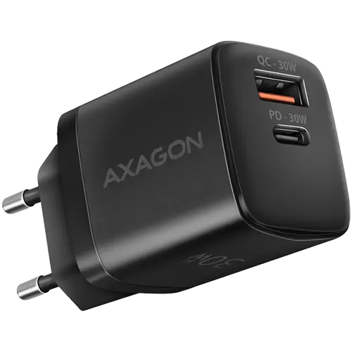 Axagon Sil wallcharger 2x port (USB-A + USB-C), PD3.0/QC4+/PPS/AFC/Apple. 30W total power.