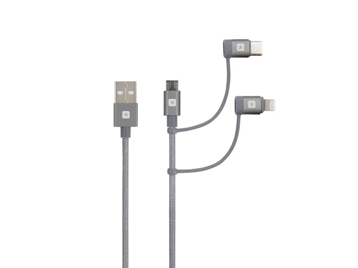 Cablu Skross 3 în 1, USB-A - USB-C/ Lightning/ Micro USB , Împletitură metalică, 1.2 m