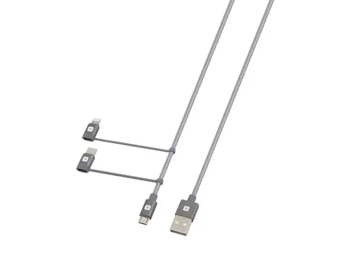 Cablu Skross 3 în 1, USB-A - USB-C/ Lightning/ Micro USB , Împletitură metalică, 1.2 m - 2