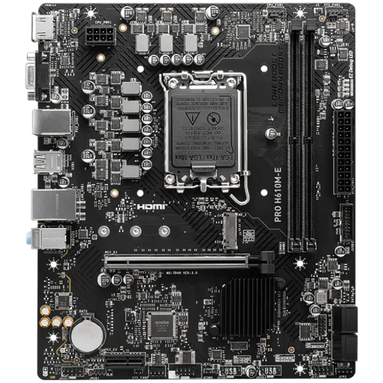 MSI PRO H610M-E, mATX, LGA 1700, Dual Channel DDR5 5600+MHz, 1x PCIe x16 slot, 1x M.2 slot, 1x HDMI, 1x VGA, 2x USB 3.2 Gen 1, 4x USB 2.0, 7.1 HD Audio, Realtek ALC897 Codec, 3Y - image 1