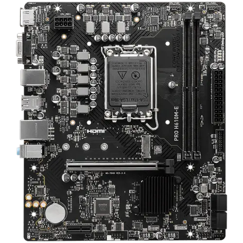 MSI PRO H610M-E, mATX, LGA 1700, Dual Channel DDR5 5600+MHz, 1x PCIe x16 slot, 1x M.2 slot, 1x HDMI, 1x VGA, 2x USB 3.2 Gen 1, 4x USB 2.0, 7.1 HD Audio, Realtek ALC897 Codec, 3Y - image 1