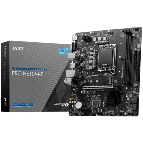 MSI PRO H610M-E, mATX, LGA 1700, Dual Channel DDR5 5600+MHz, 1x PCIe x16 slot, 1x M.2 slot, 1x HDMI, 1x VGA, 2x USB 3.2 Gen 1, 4x USB 2.0, 7.1 HD Audio, Realtek ALC897 Codec, 3Y