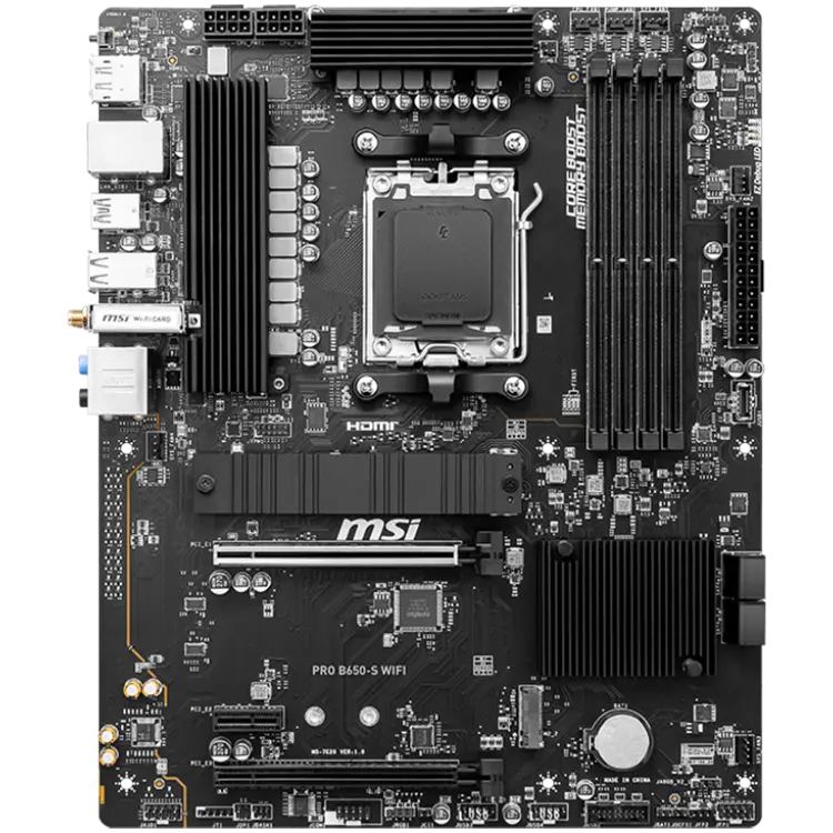 MSI PRO B650-S WIFI,ATX, Socket AM5,AMD B650 Chipset,4 DIMMs,Dual Channel DDR5 up to 7200+(OC)MHz,2x PCI-Ex16 slot, 2x M.2, 2x USB 3.2 Gen 2, 4x USB 3.2 Gen 1,4x USB 2.0,1x HDMI,1x DP,2.5G LAN,7.1 Audio,3y warranty - image 1