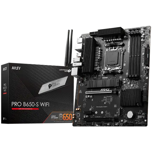 MSI PRO B650-S WIFI,ATX, Socket AM5,AMD B650 Chipset,4 DIMMs,Dual Channel DDR5 up to 7200+(OC)MHz,2x PCI-Ex16 slot, 2x M.2, 2x USB 3.2 Gen 2, 4x USB 3.2 Gen 1,4x USB 2.0,1x HDMI,1x DP,2.5G LAN,7.1 Audio,3y warranty