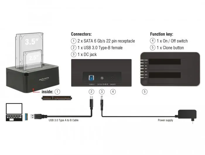 Docking station extern Delock 62661, pentru HDD/SSD de 2.5"/3.5", USB 3.0, Funcție de clonare, Negru - image 1