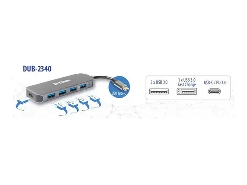 USB хъб, D-Link USB-C to 4-Port USB 3.0 Hub with Power Delivery - image 1