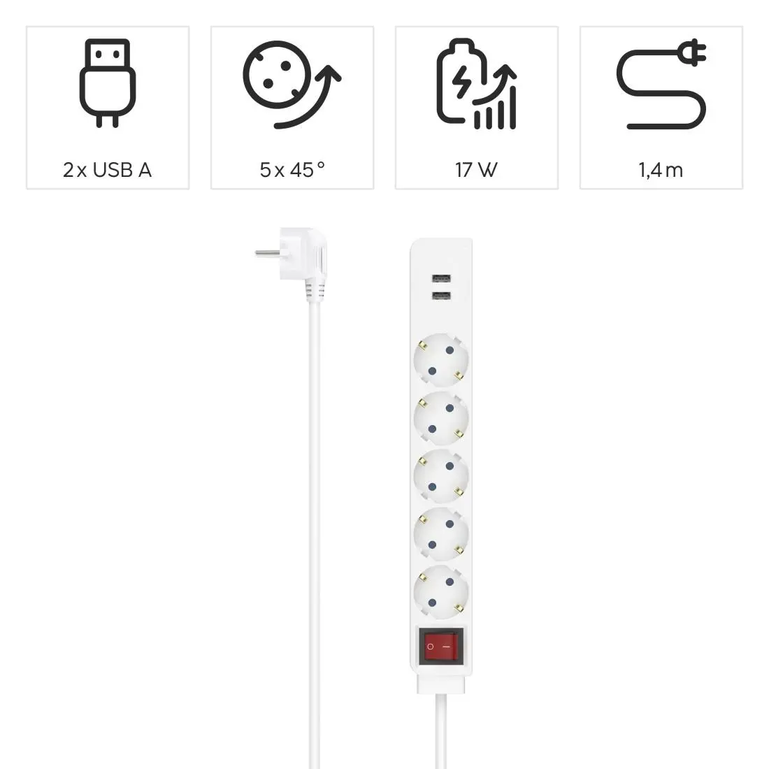 Разклонител HAMA USB 3.4A, 5 гнезда, 2x USB, 3400mA, 223183 - image 6