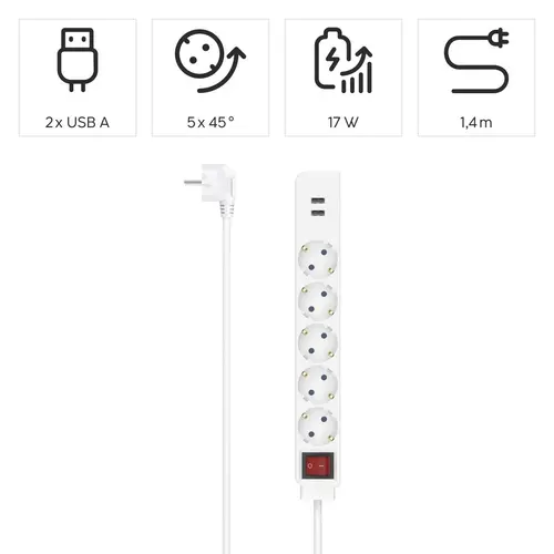 Разклонител HAMA USB 3.4A, 5 гнезда, 2x USB, 3400mA, 223183 - image 6
