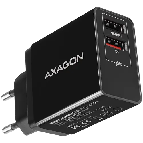 Dual wallcharger <240V / 2x USB port QC3.0/AFC/FCP + 5V-1.2A. 24W total power.