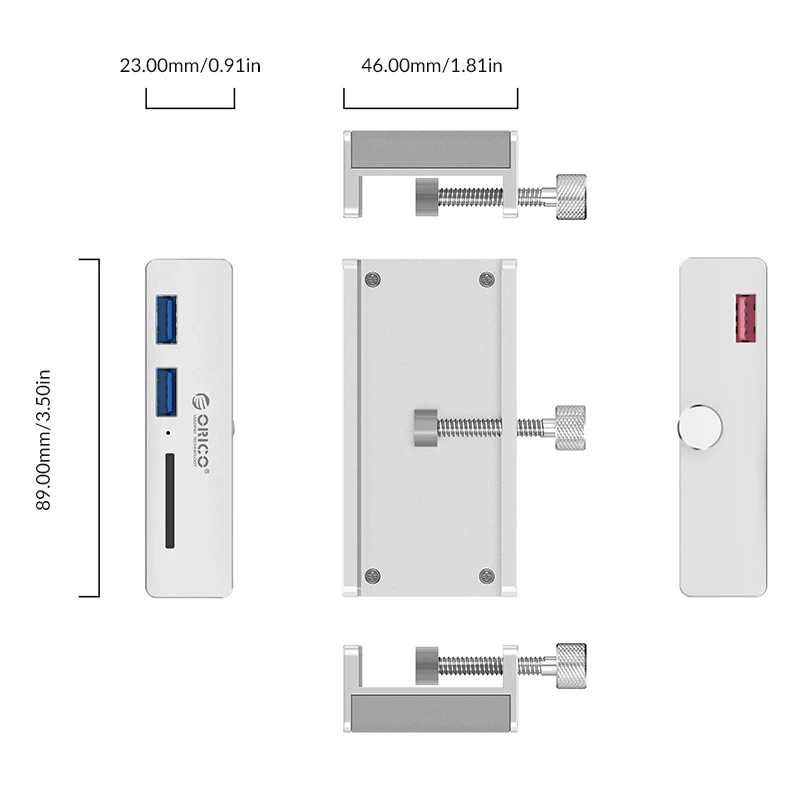 Orico хъб USB 3.0 HUB Clip Type 2 port, SD card reader - aux Micro-USB power input, Aluminum - MH2AC-U3-SV - image 2