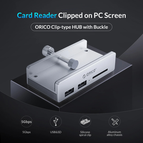 Orico хъб USB 3.0 HUB Clip Type 2 port, SD card reader - aux Micro-USB power input, Aluminum - MH2AC-U3-SV - image 5