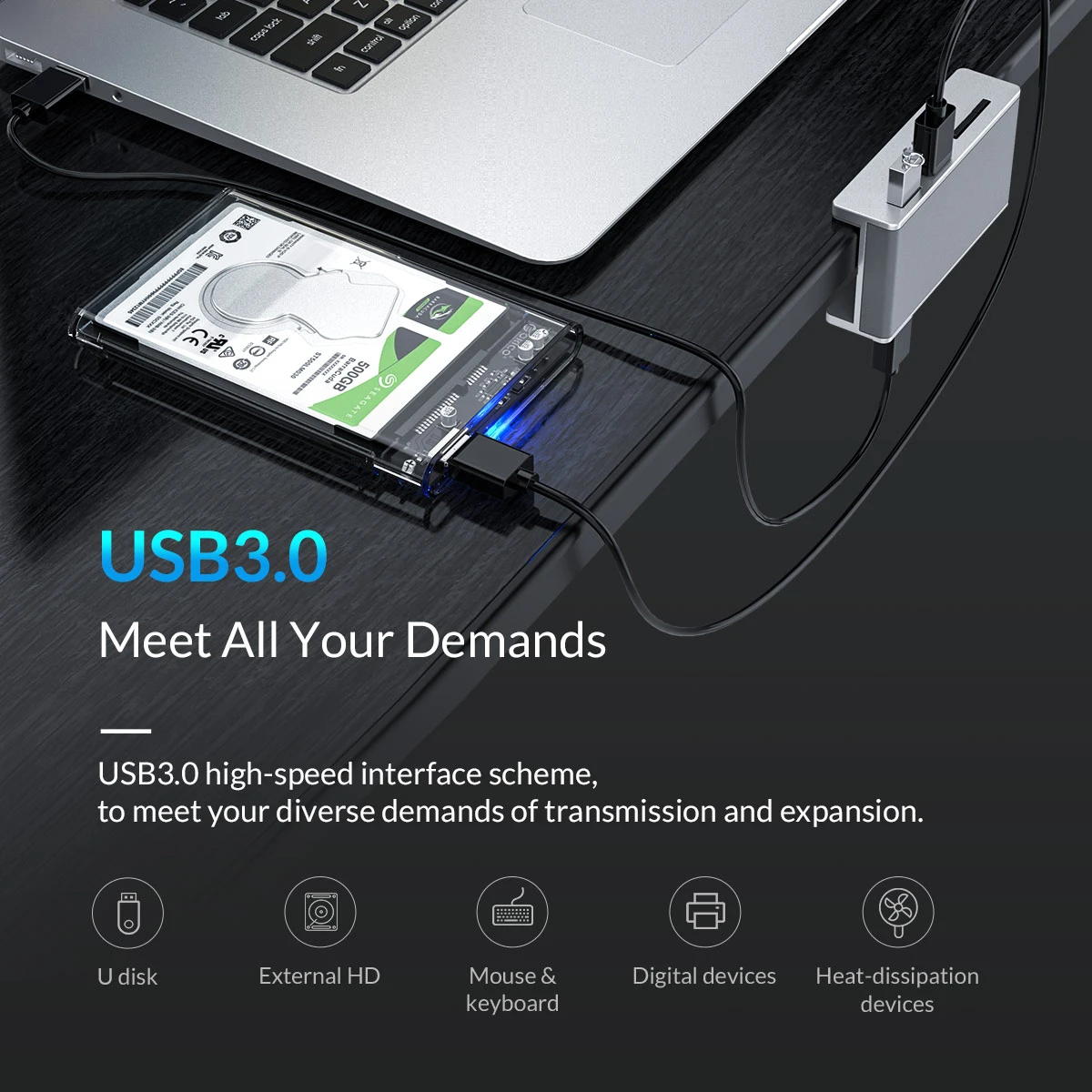 Orico хъб USB 3.0 HUB Clip Type 2 port, SD card reader - aux Micro-USB power input, Aluminum - MH2AC-U3-SV - image 9