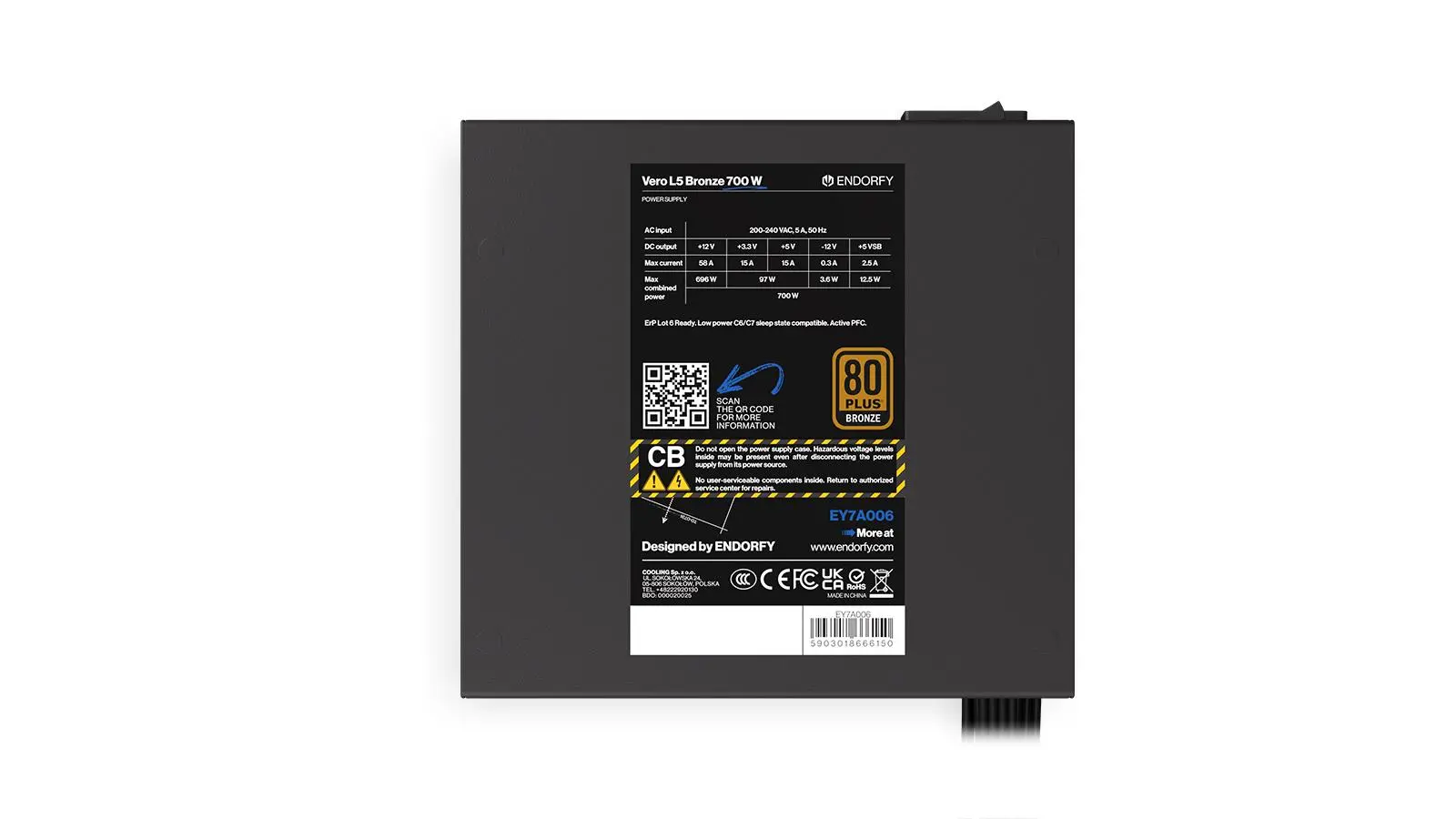 Endorfy Vero L5 Bronze 700W, 80 Plus Bronze, Taiwanese capacitors, 120mm Stratus fan, 87×140×150 mm, 3 Year Warranty - image 5