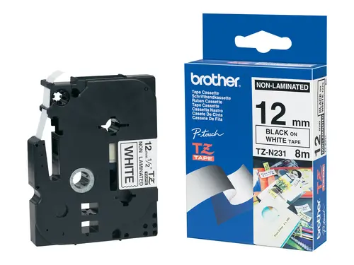BROTHER TZEN231 12mm BLACK ON WHITE ADHESIVE TAPE NON LAMINATED