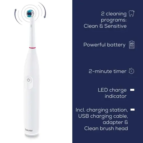 Електрическа четка за зъби, Beurer TB 30 Electric toothbrush; 2 cleaning programs; 20days Battery life; 2-min timer; Oscillating, pulsating, brushing technology; Incl. charger, USB cable with adapter & CBH; white - image 4