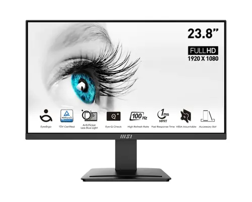 Монитор, MSI PRO MP2412, 23.8", 100Hz, 1920x1080 FHD, VA, 1ms MPRT, 4ms GTG, 4000:1 CONTRAST RATIO, Anti-glare, 1x HDMI, 1x DP, VESA 75, Tilt, 300 cd/m2, 113% (CIE 1976), VESA 75mm, Display Kit App, T?V certified anti-flicker, 9S6-3BA9CH-042