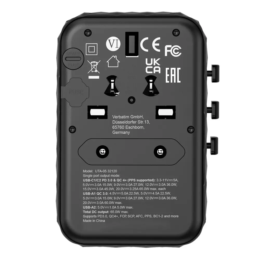 Адаптер, Verbatim UTA-05 GaN III Universal Travel Adapter with 2 x USB-C PD 65W & QC 4+ / 2 x USB-A - image 1