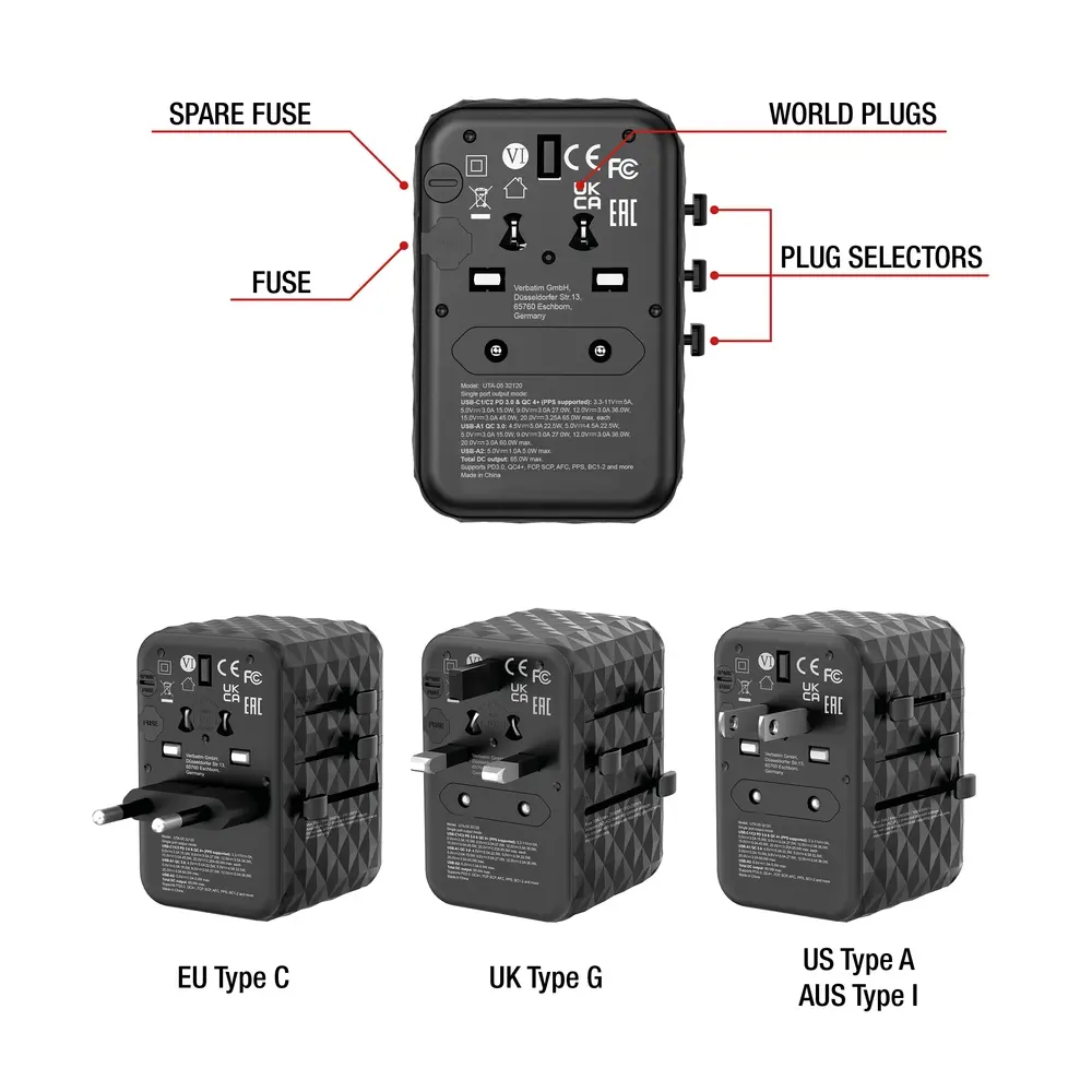 Адаптер, Verbatim UTA-05 GaN III Universal Travel Adapter with 2 x USB-C PD 65W & QC 4+ / 2 x USB-A - image 10