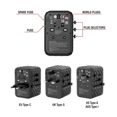 Адаптер, Verbatim UTA-05 GaN III Universal Travel Adapter with 2 x USB-C PD 65W & QC 4+ / 2 x USB-A - image 10