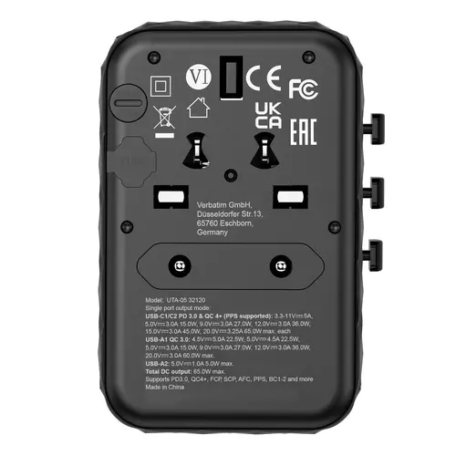 Адаптер, Verbatim UTA-05 GaN III Universal Travel Adapter with 2 x USB-C PD 65W & QC 4+ / 2 x USB-A - image 1