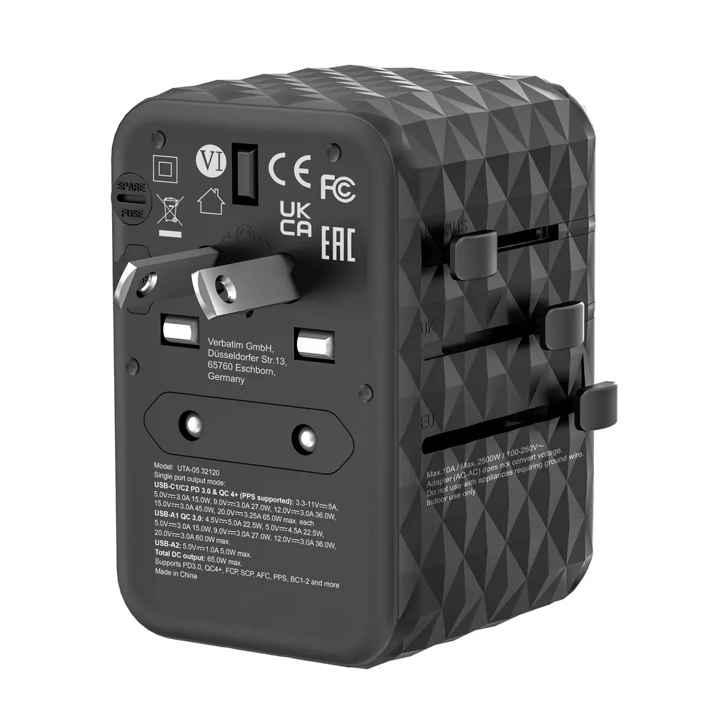 Адаптер, Verbatim UTA-05 GaN III Universal Travel Adapter with 2 x USB-C PD 65W & QC 4+ / 2 x USB-A - image 2