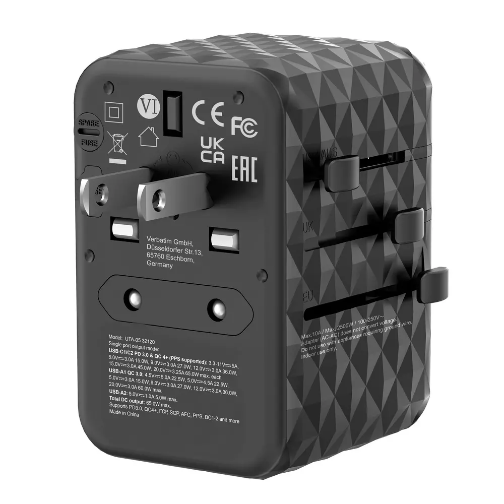 Адаптер, Verbatim UTA-05 GaN III Universal Travel Adapter with 2 x USB-C PD 65W & QC 4+ / 2 x USB-A - image 3