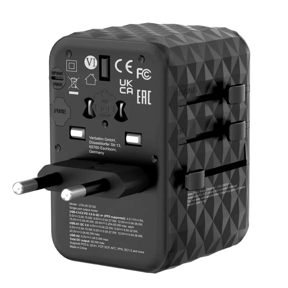 Адаптер, Verbatim UTA-05 GaN III Universal Travel Adapter with 2 x USB-C PD 65W & QC 4+ / 2 x USB-A - image 4