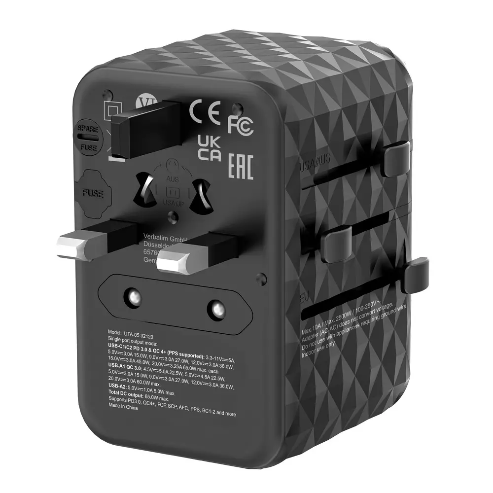 Адаптер, Verbatim UTA-05 GaN III Universal Travel Adapter with 2 x USB-C PD 65W & QC 4+ / 2 x USB-A - image 5
