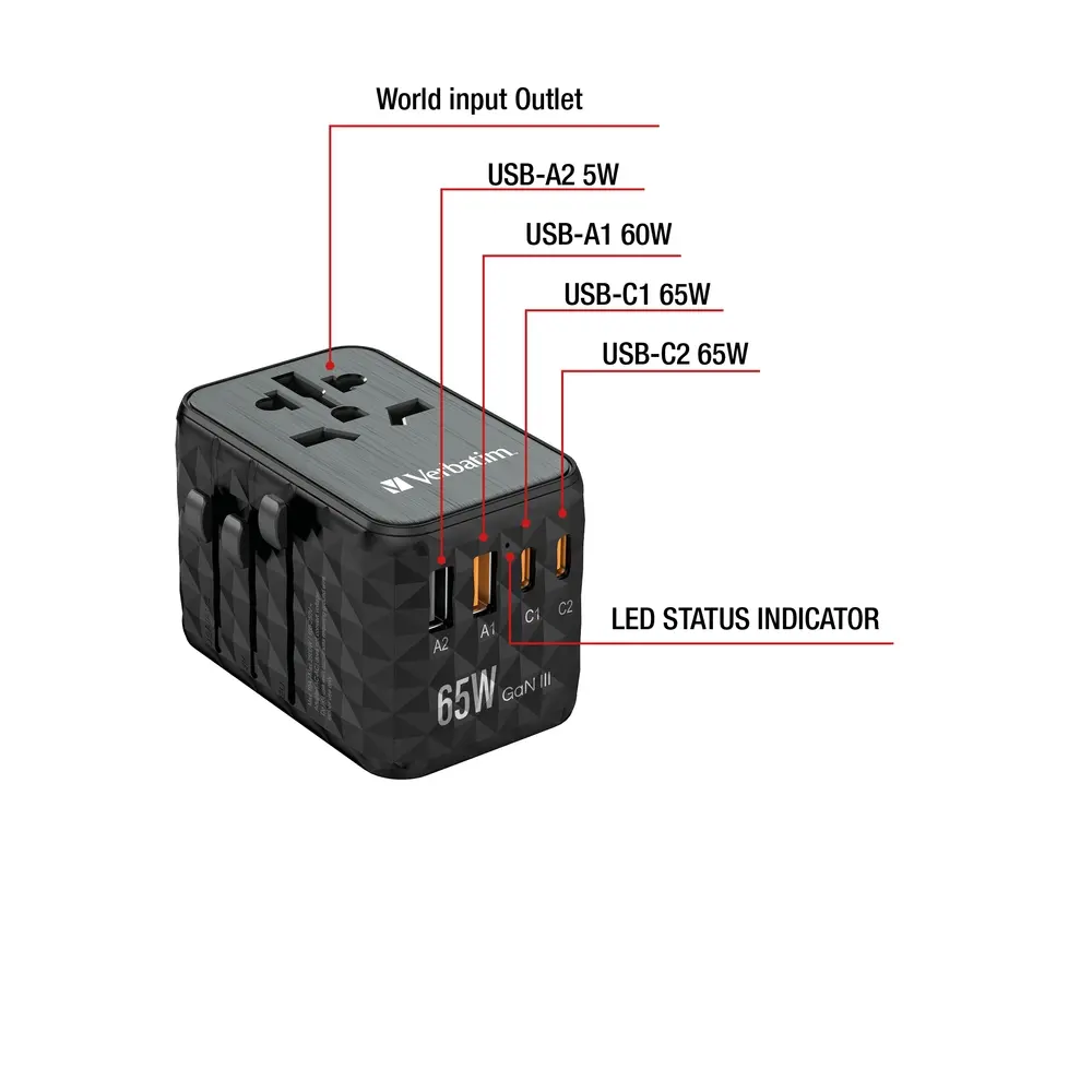 Адаптер, Verbatim UTA-05 GaN III Universal Travel Adapter with 2 x USB-C PD 65W & QC 4+ / 2 x USB-A - image 9