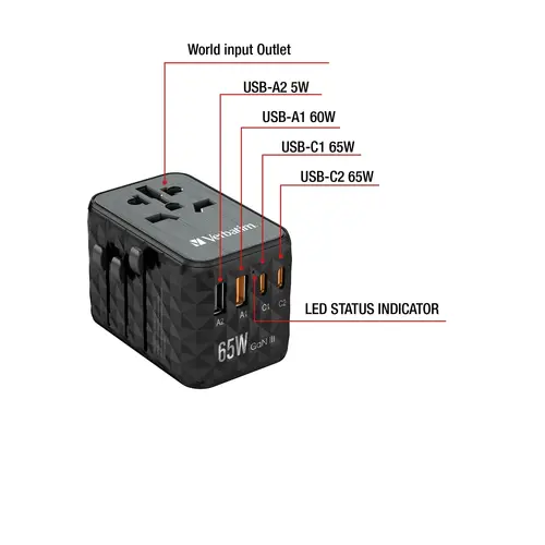 Адаптер, Verbatim UTA-05 GaN III Universal Travel Adapter with 2 x USB-C PD 65W & QC 4+ / 2 x USB-A - image 9