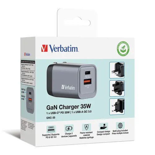 Încărcător, Verbatim GNC-35 GaN Charger 2 Port 35W USB A/C (EU/UK/US) - 6